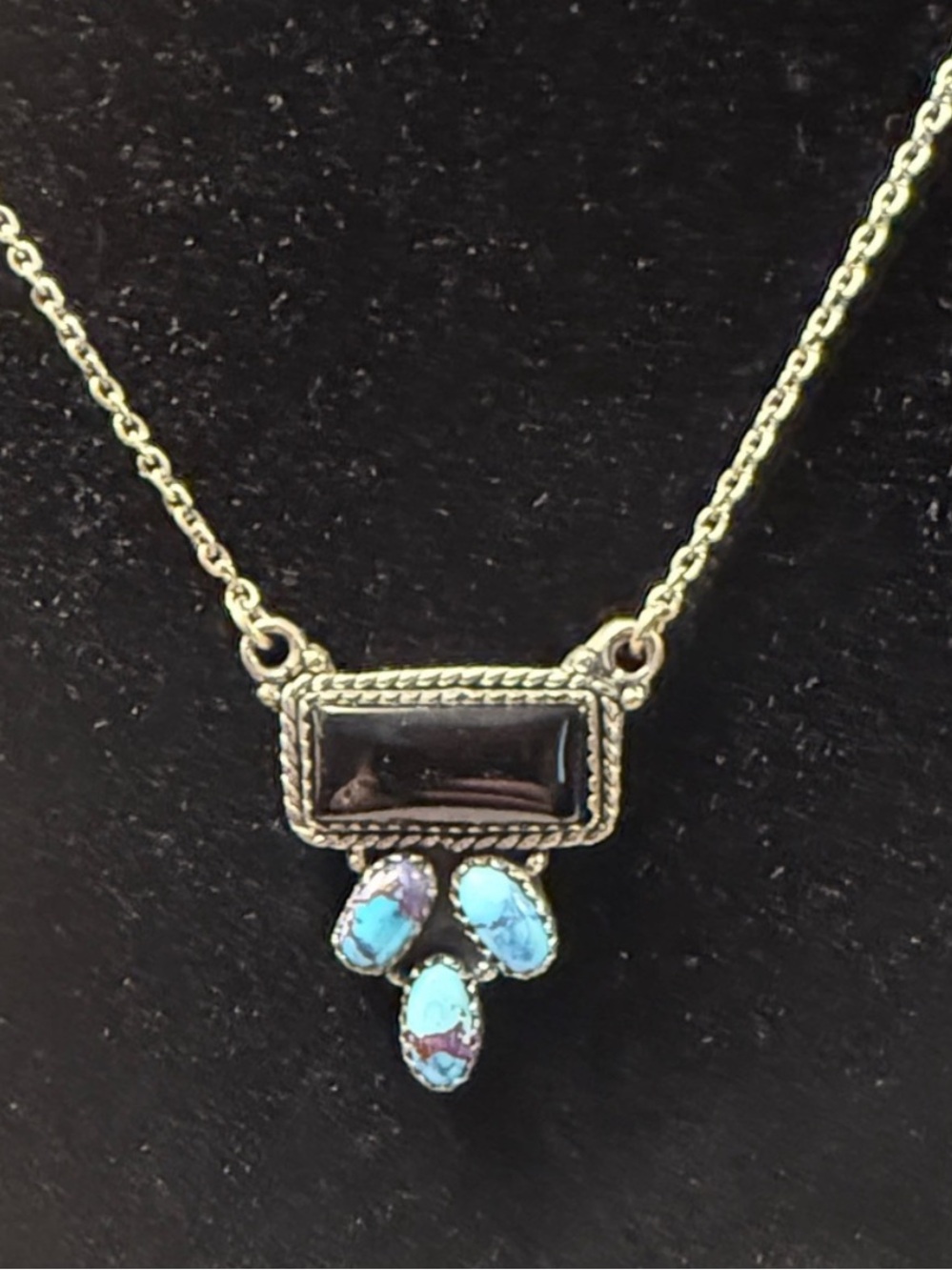Sterling Silver Onyx and Turquoise Necklace